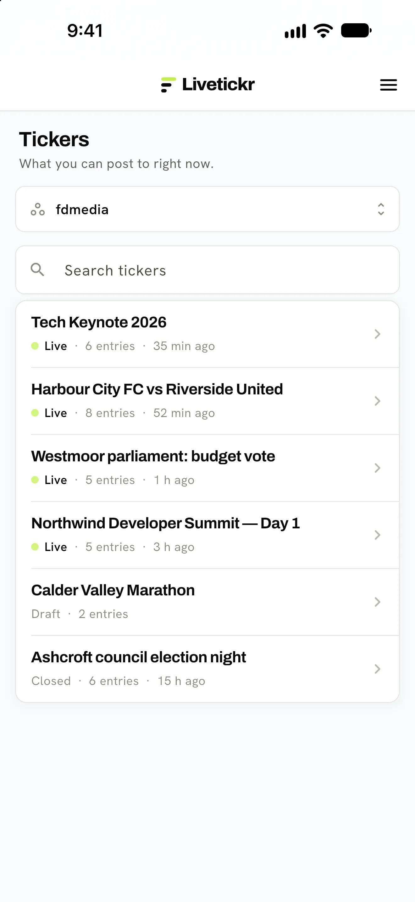 Livetickr app: the list of tickers, live ones first, with entry counts and last update.