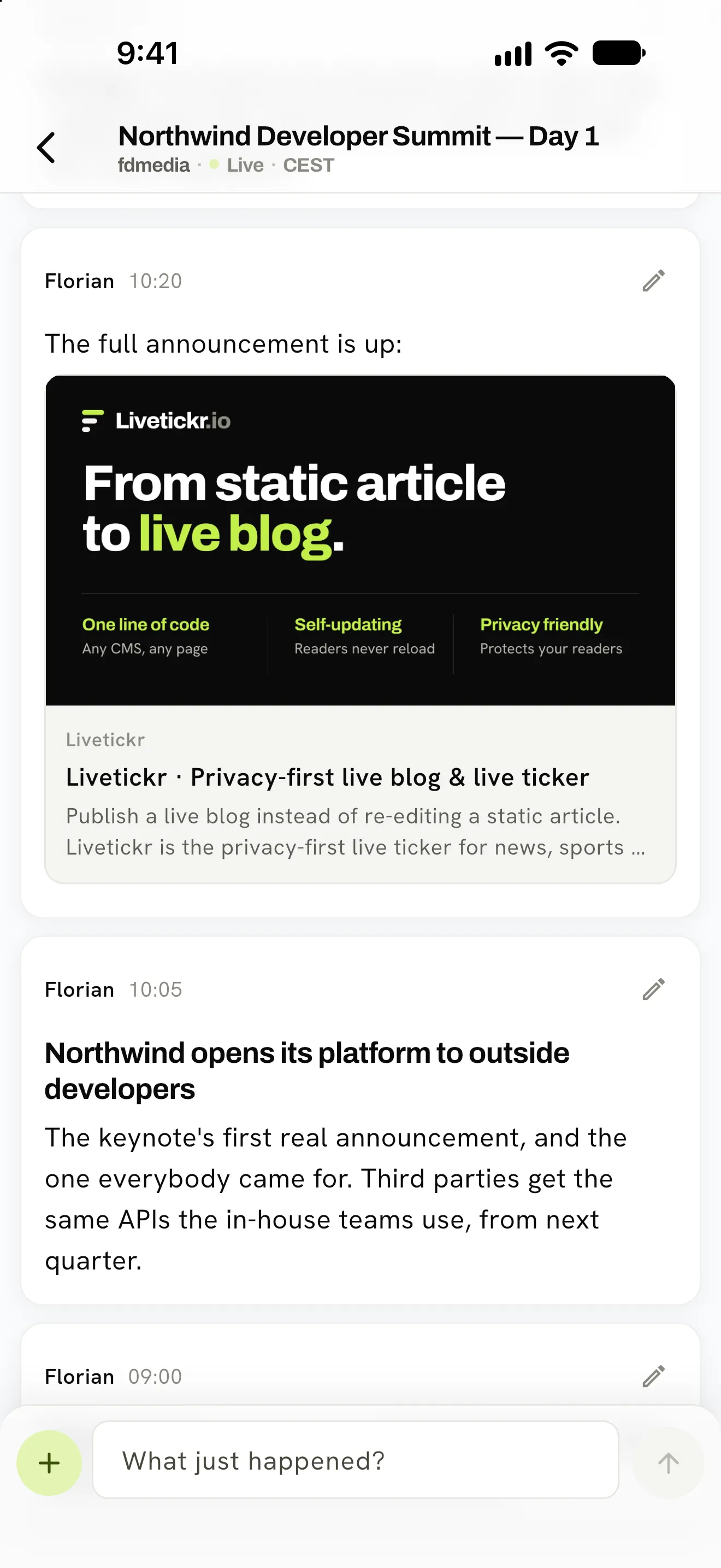 Livetickr app: a running conference ticker with a link preview and a headline entry, the composer below.