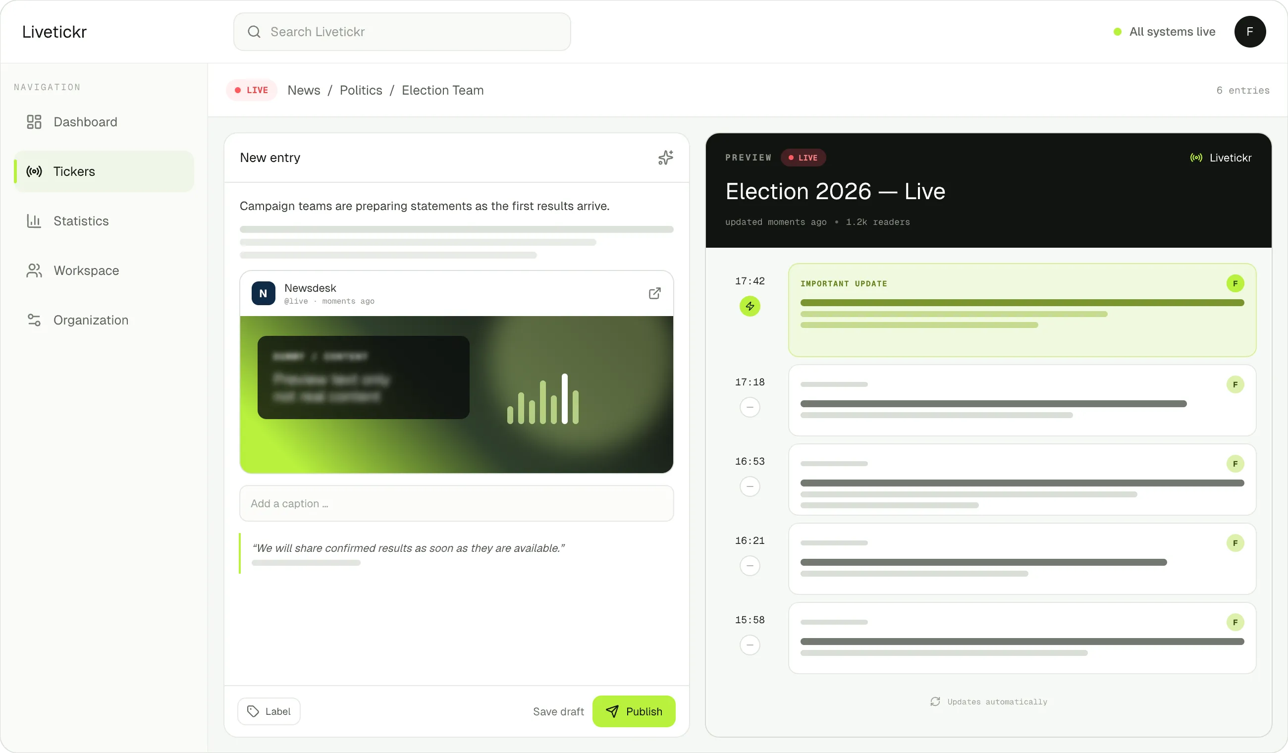 Livetickr dashboard: writing a live update in the block editor.